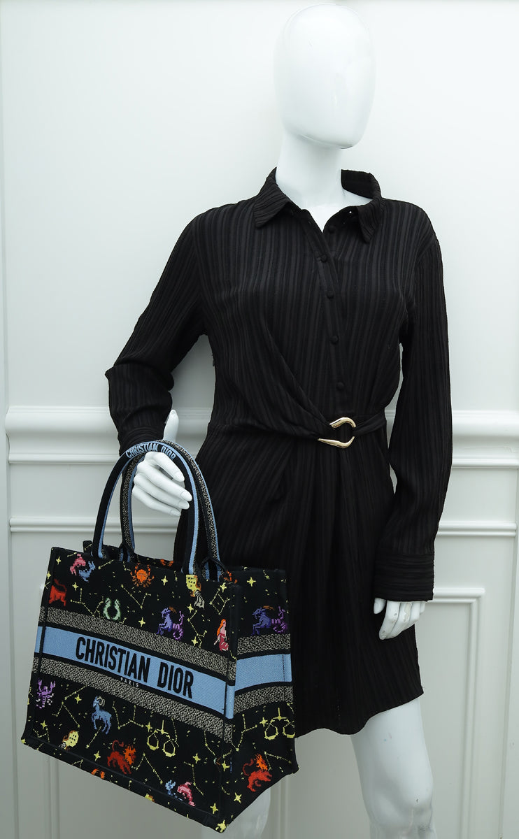 Christian Dior Black Multicolor Pixel Zodiac Embroidery Medium Book Tote Bag