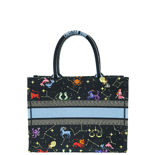 Christian Dior Black Multicolor Pixel Zodiac Embroidery Medium Book Tote Bag