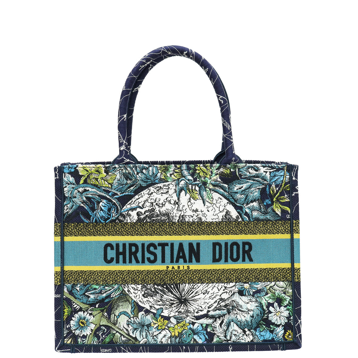 Christian Dior Navy Blue Multicolor Zodiac Embroidery Book Tote Medium Bag W/ "UPMR" Initials