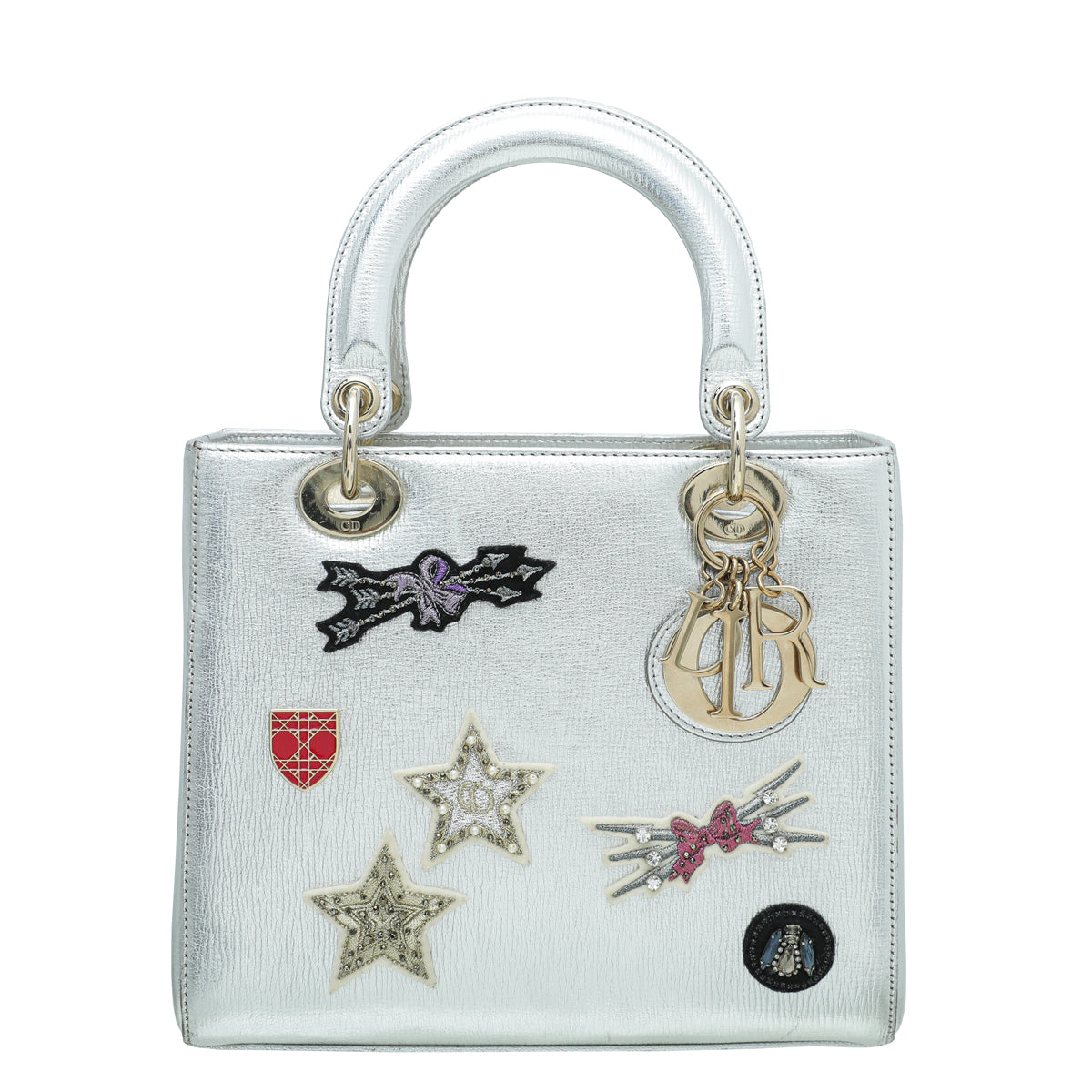 Christian Dior Metallic Silver Charm Appliques Lady Dior Medium Bag