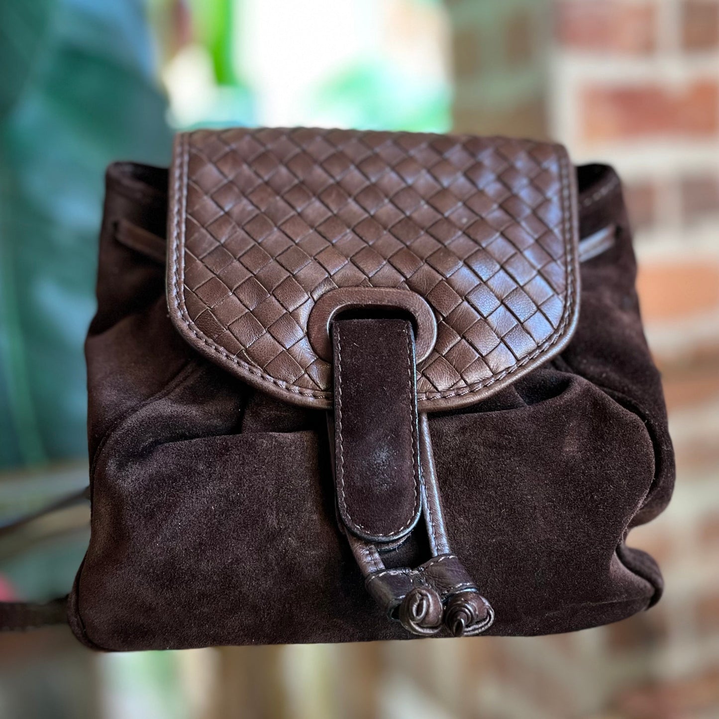 BOTTEGA VENETA Brown Suede Intrecciato Flap Mini Backpack