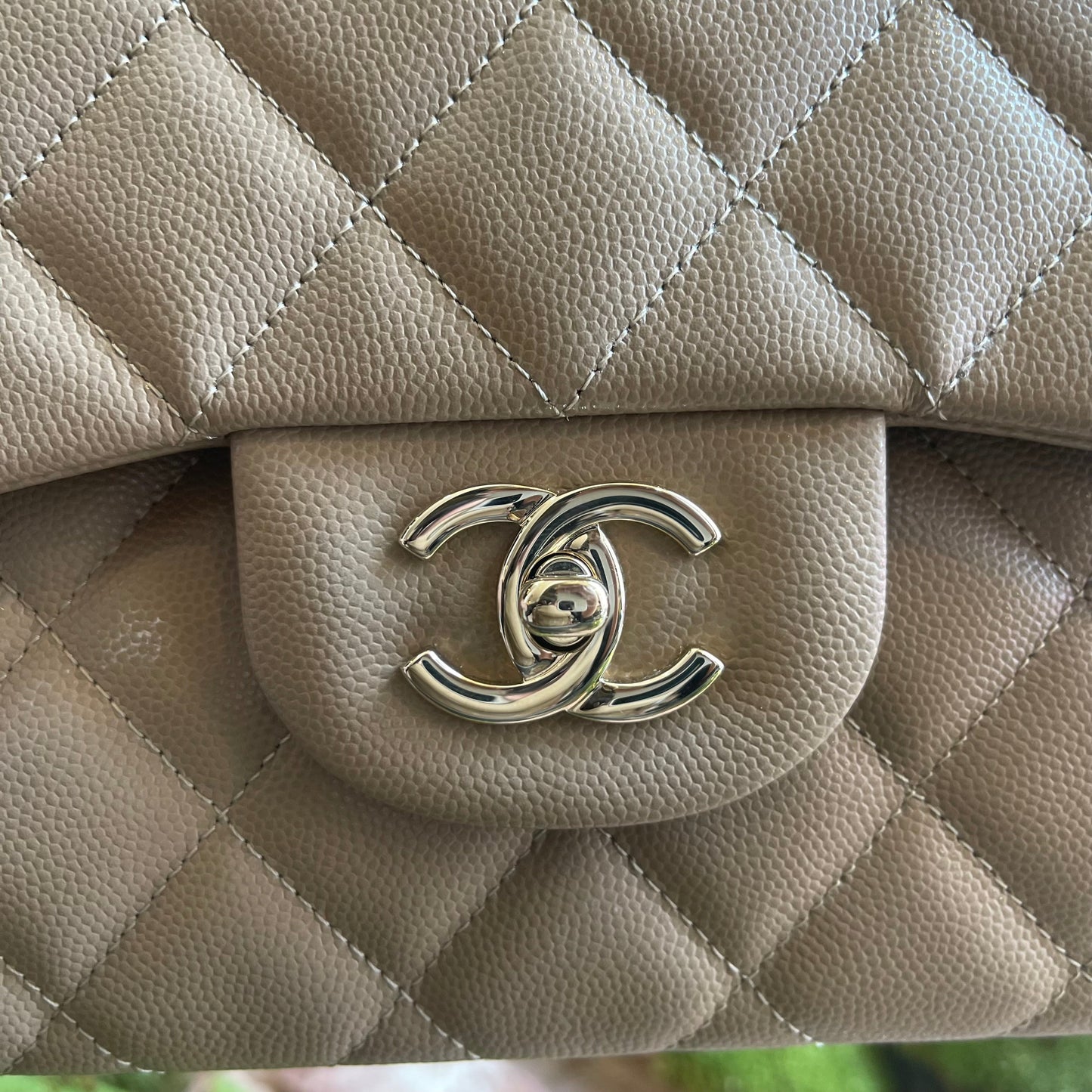 CHANEL Double Flap Jumbo Dark Beige Caviar Quilted Leather