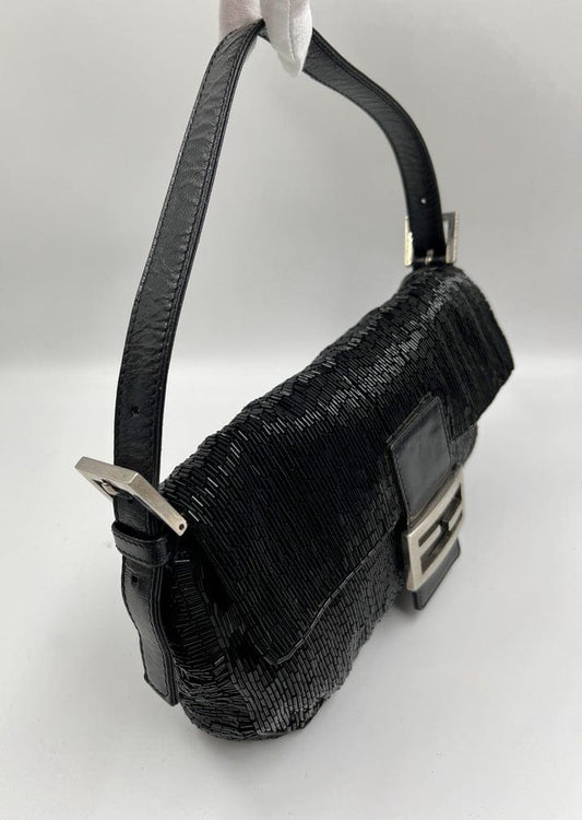 Vintage Fendi Black Beaded Baguette Bag