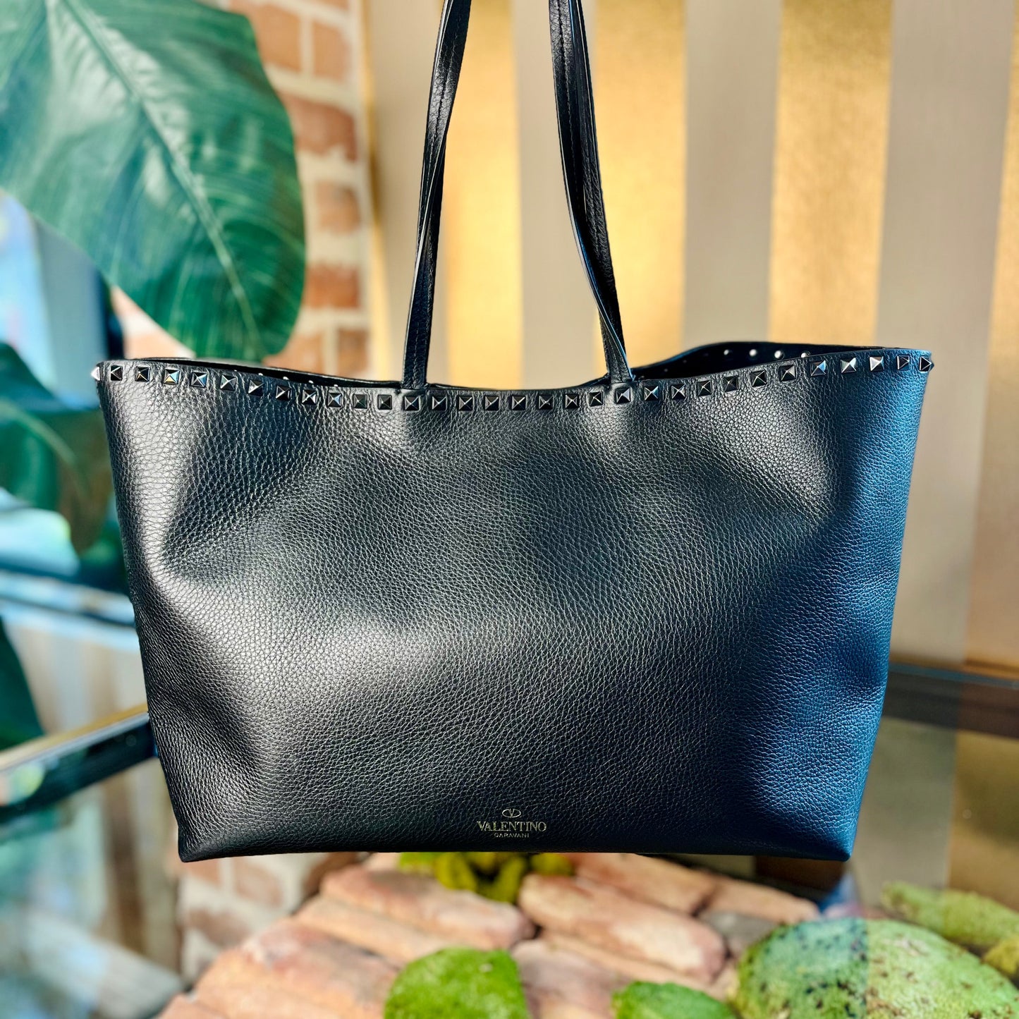 VALENTINO Black Rockstud Grainy Calfskin Tote Bag