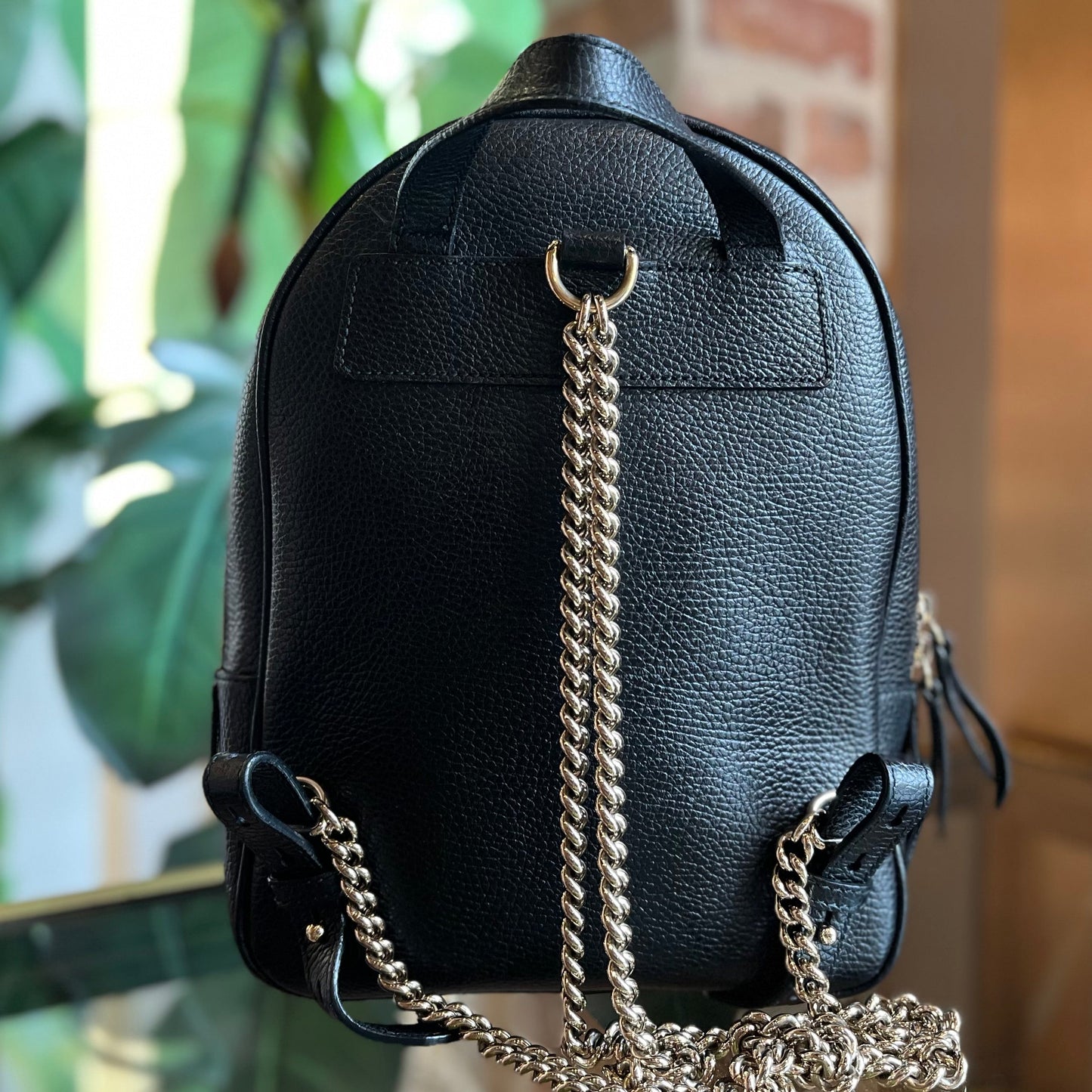 GUCCI Black Pebbled Leather Soho Chain Backpack TS3103