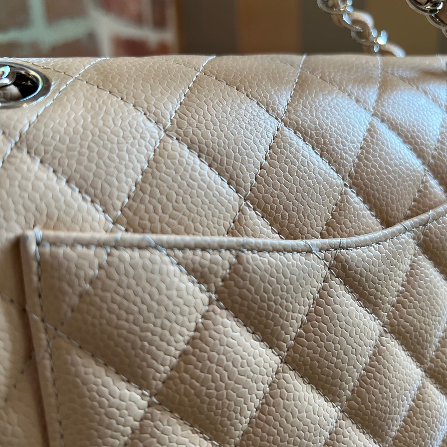 CHANEL Small Double Flap Beige Caviar Quilted Shoulder Bag