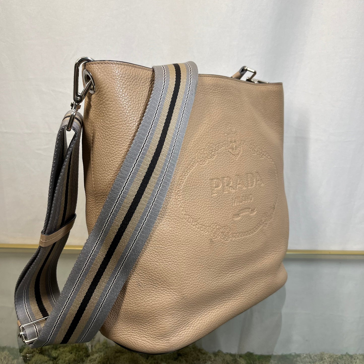 PRADA Vitello Phenix Bucket Crossbody Sand