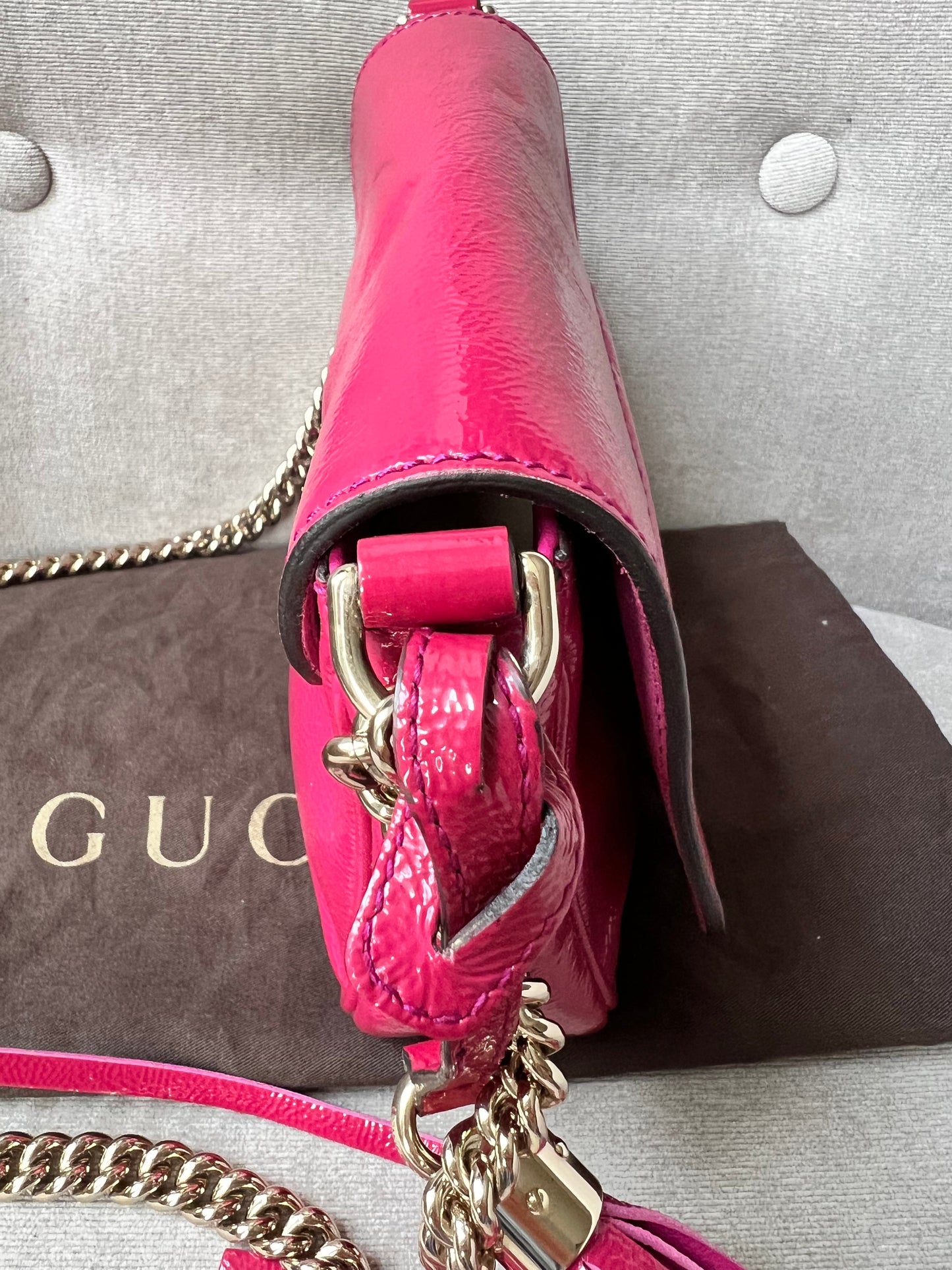 Gucci Pink Patent Mini Soho Chain Crossbody Flap Bag