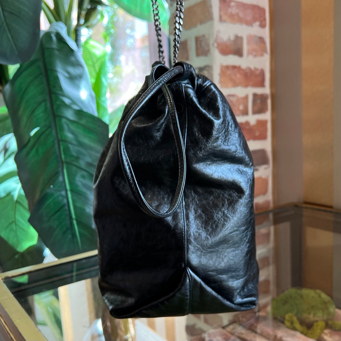 SAINT LAURENT Black Glazed Leather Teddy Bucket Bag