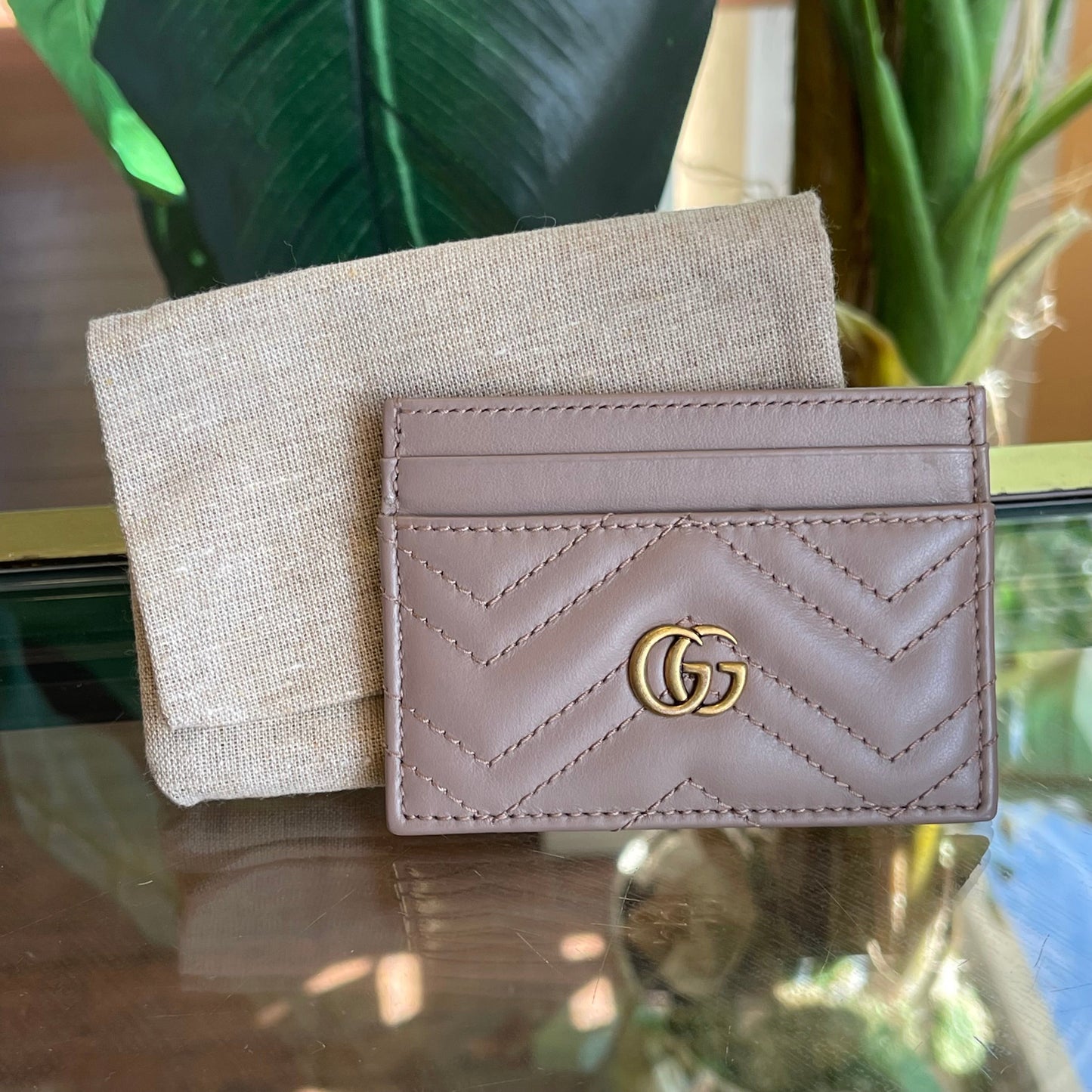 GUCCI Taupe GG Marmont Leather Card Case