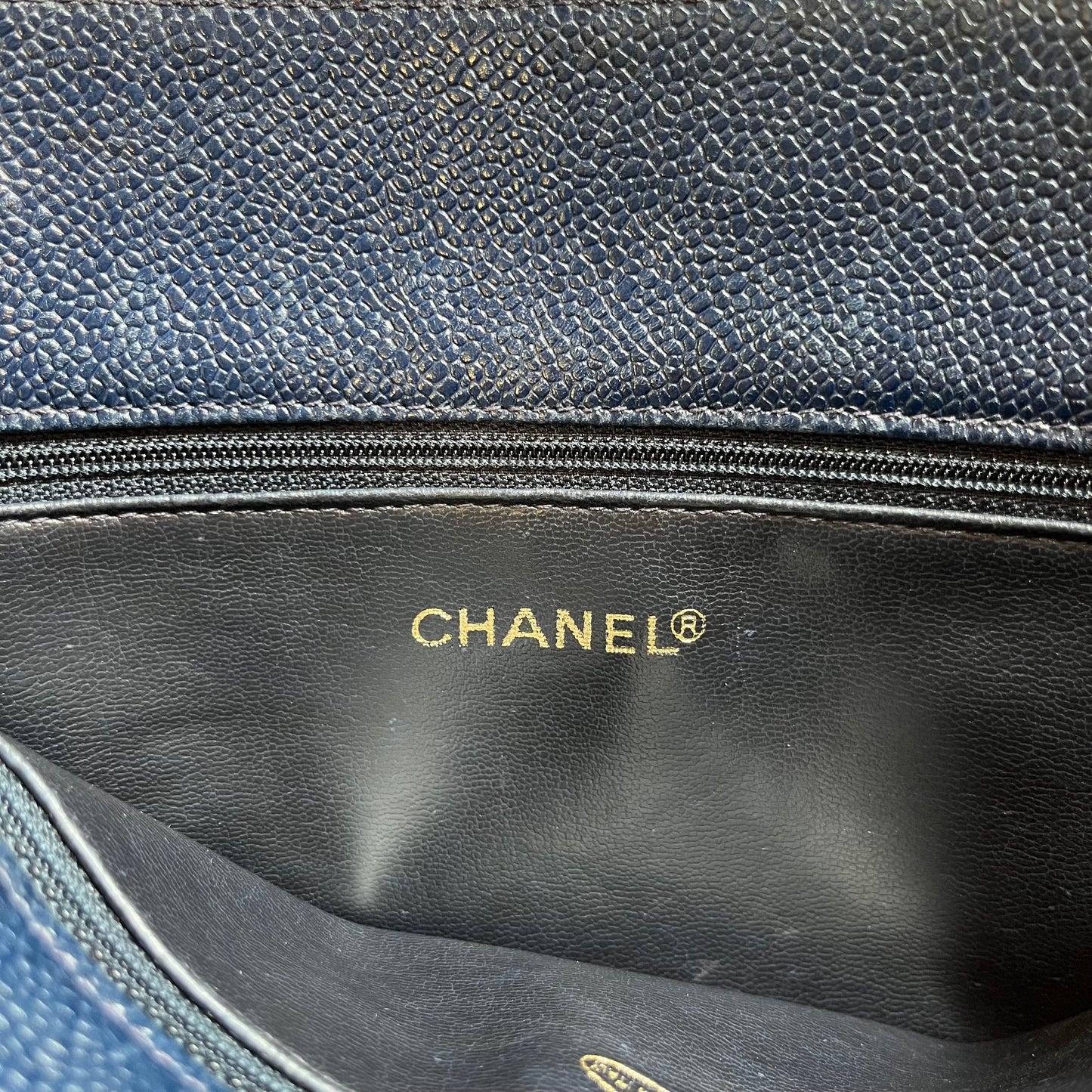 CHANEL Navy Blue Caviar Leather Timeless Chain Tote TS