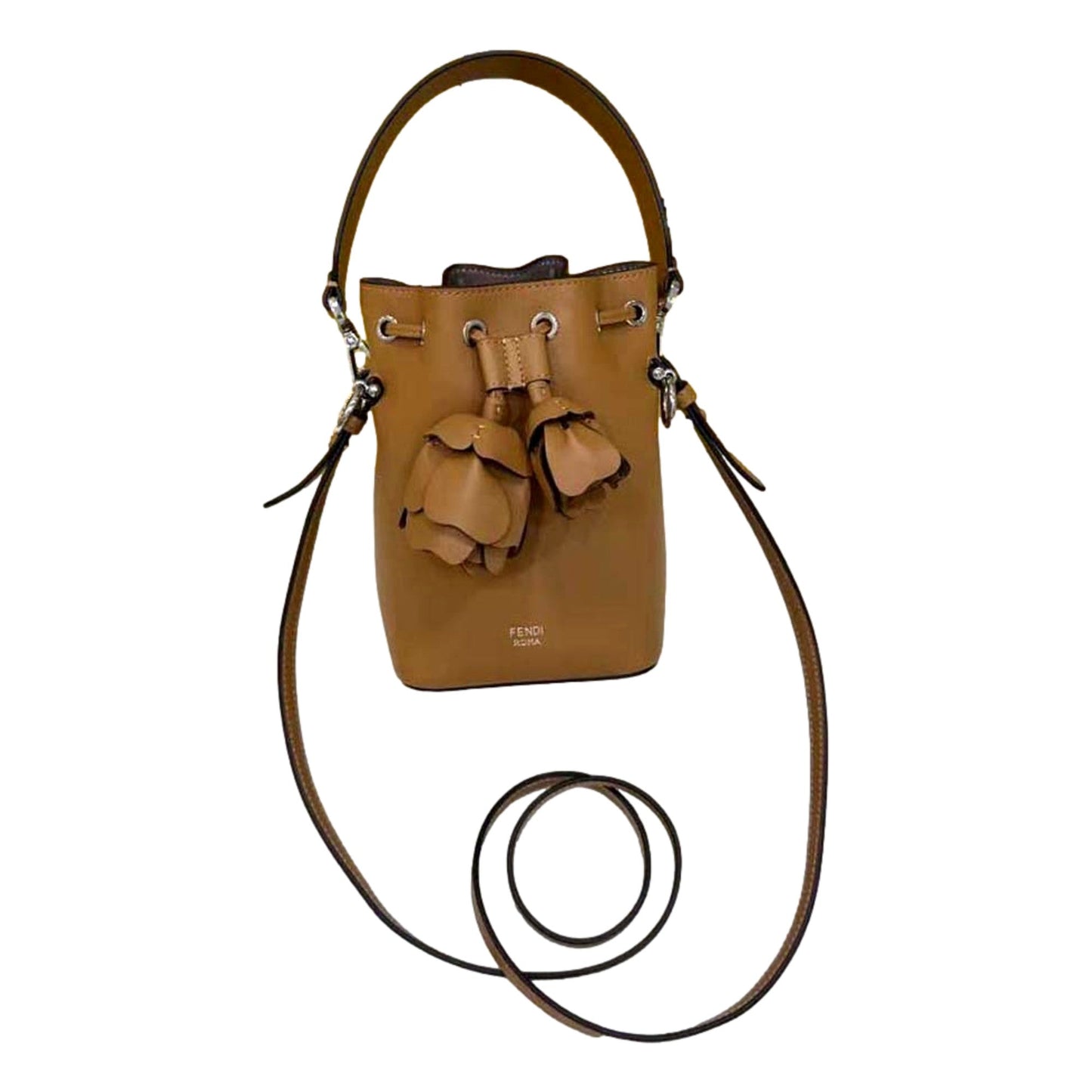 FENDI Calfskin F is 3D Flower Mini Mon Tresor Bucket Bag Brown Tan