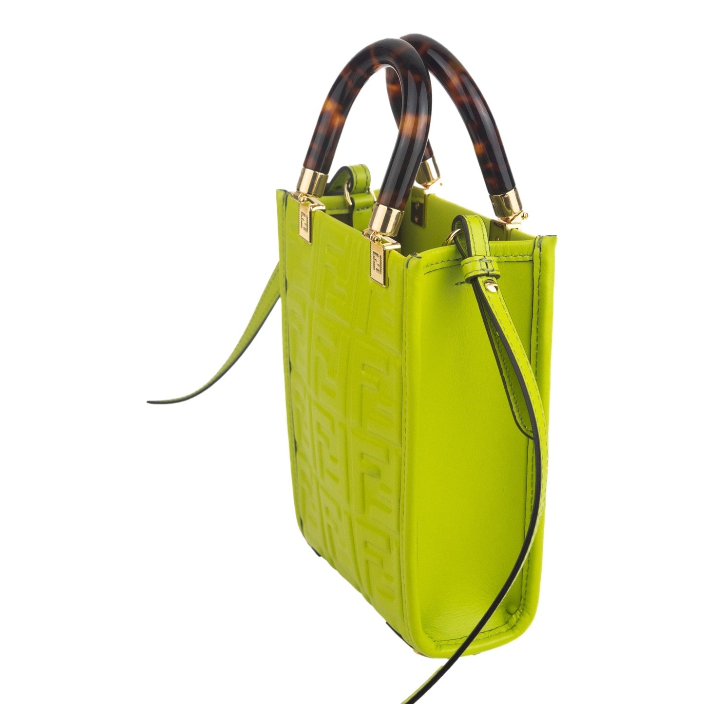 Fendi FF Zucca Mini Sunshine Shopper Tote Crossbody Bag Green Leather