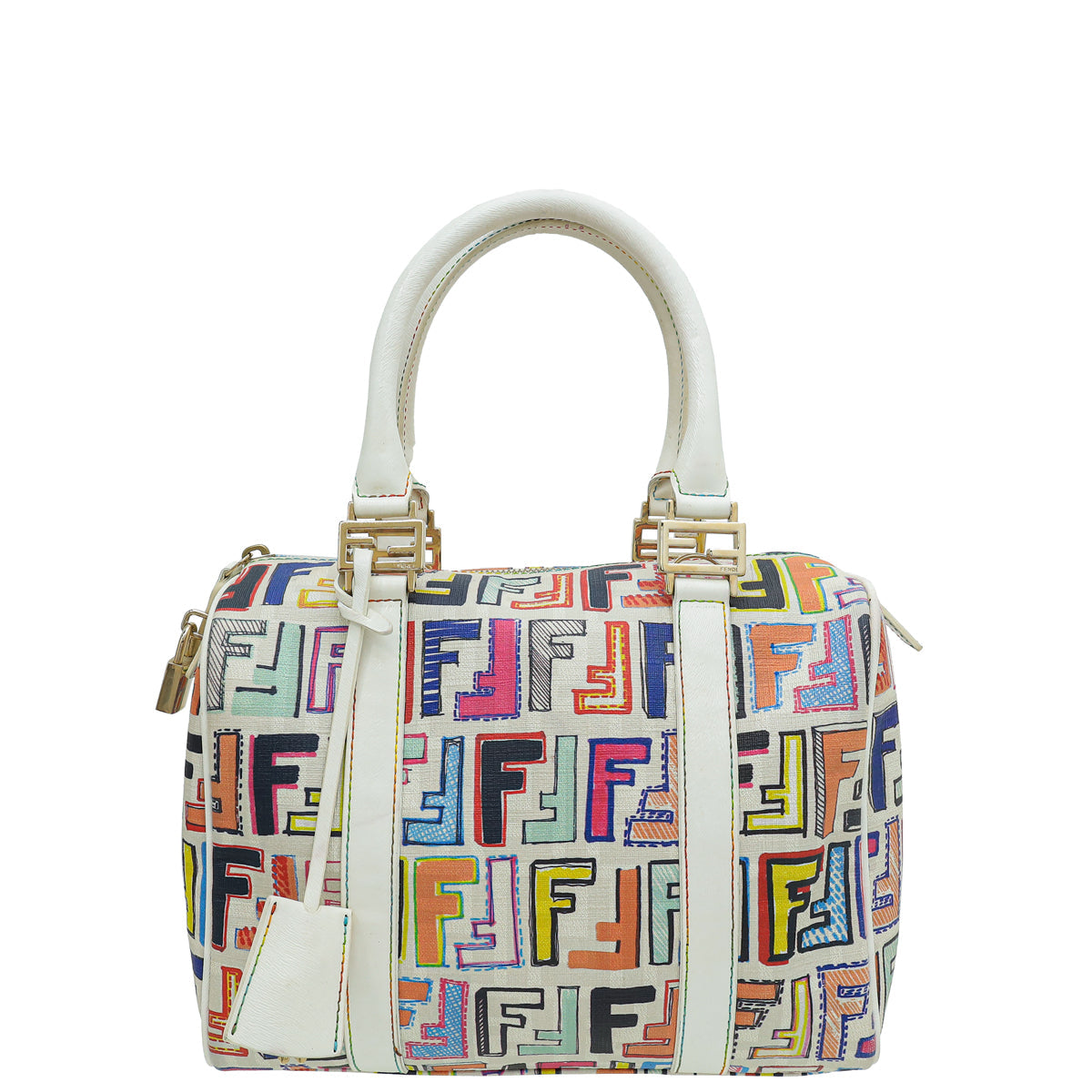 Fendi White Multicolor Zucca Forever Bauletto Boston Bag