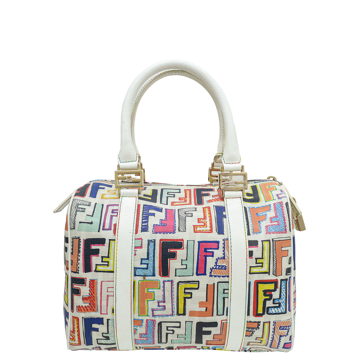 Fendi White Multicolor Zucca Forever Bauletto Boston Bag