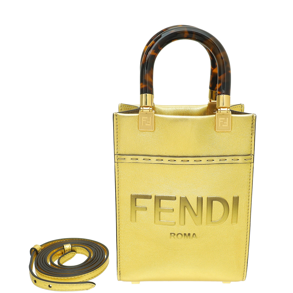 Fendi Metallic Gold Mini Sunshine Shopper Bag