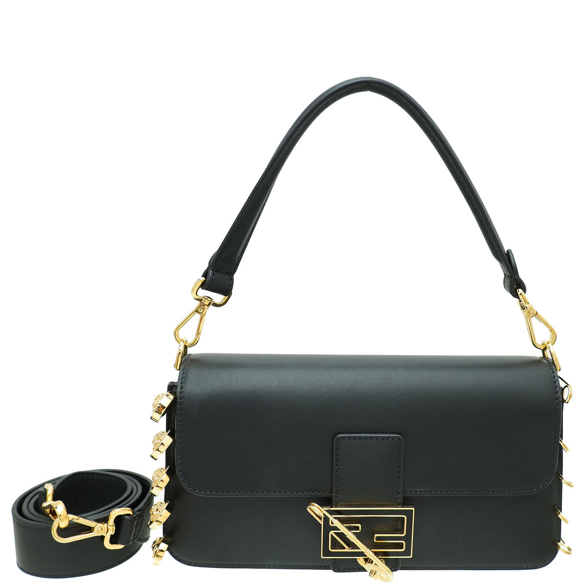 Fendi Black x Versace Vitello Seta Fendace Brooch Baguette Bag