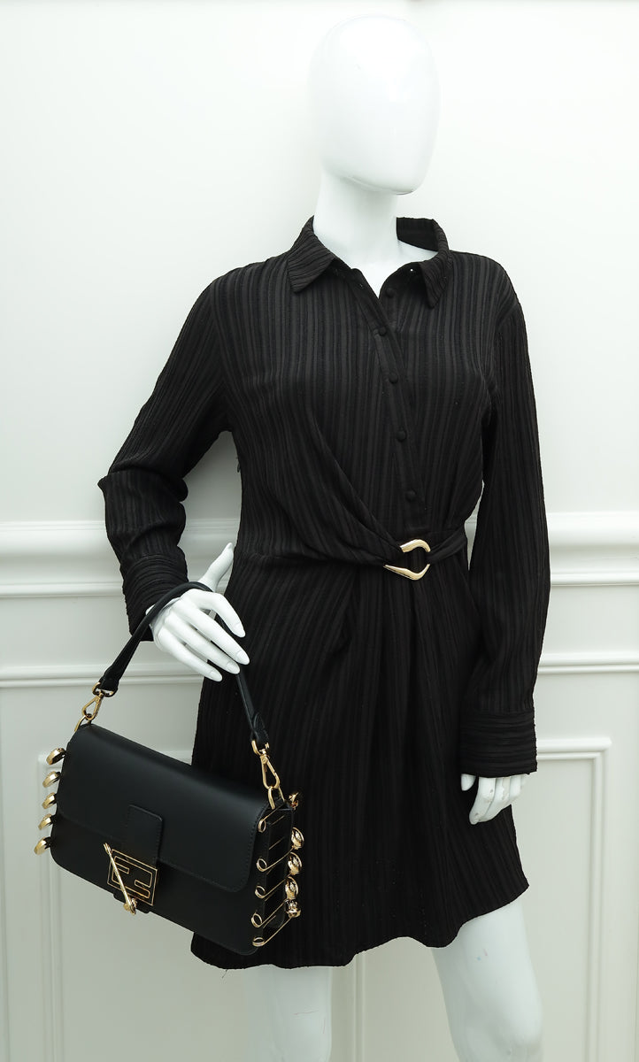 Fendi Black x Versace Vitello Seta Fendace Brooch Baguette Bag