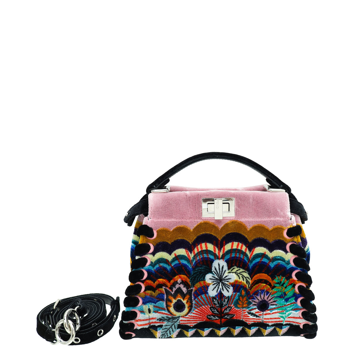 Fendi Black Multicolor Velvet Peekaboo Embroidered Mini Bag