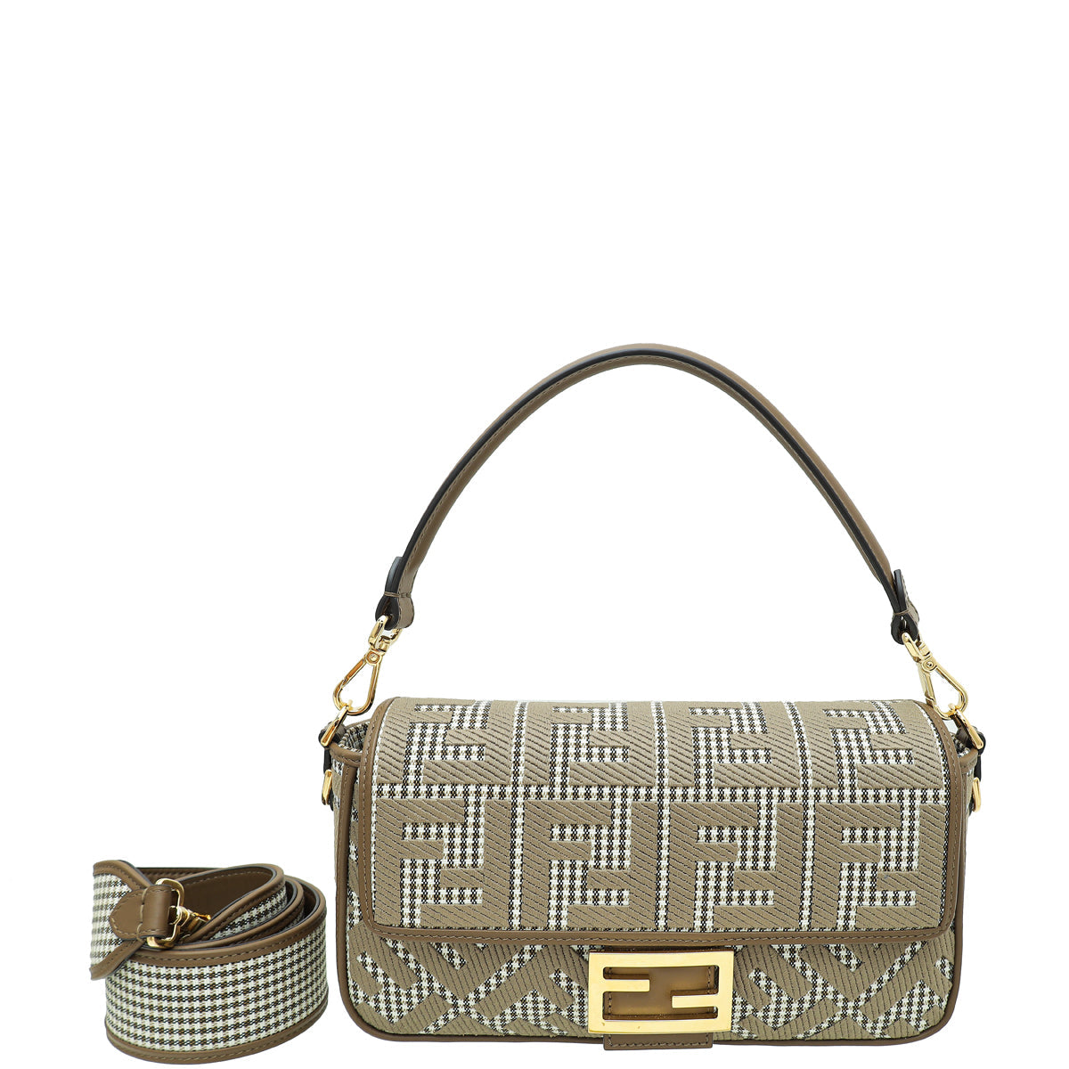 Fendi Brown FF Houndstooth Wool Embroidered Baguette Medium Bag