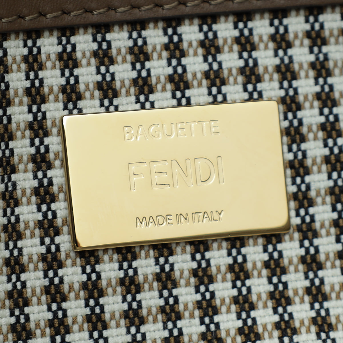 Fendi Brown FF Houndstooth Wool Embroidered Baguette Medium Bag