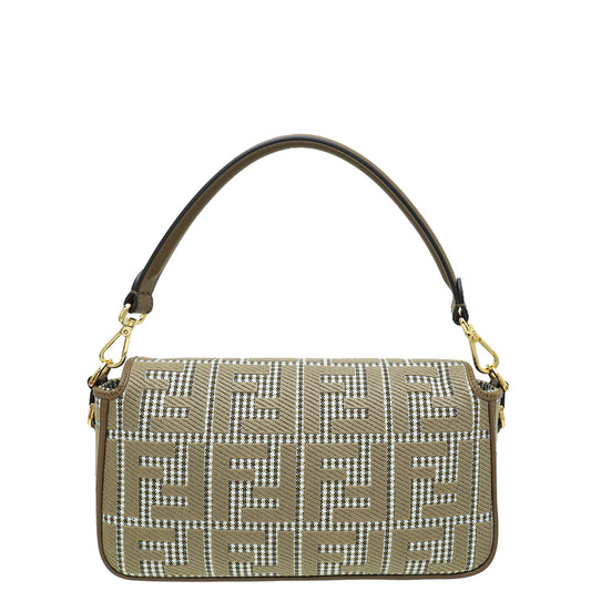 Fendi Brown FF Houndstooth Wool Embroidered Baguette Medium Bag