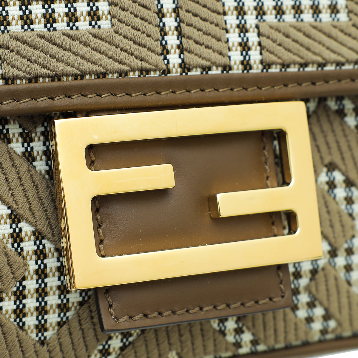 Fendi Brown FF Houndstooth Wool Embroidered Baguette Medium Bag