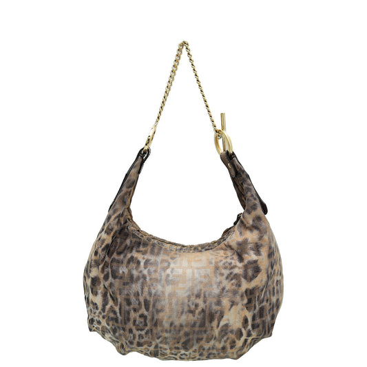 Fendi Bicolor Zucca Leopard Print Chef Chain Hobo Bag