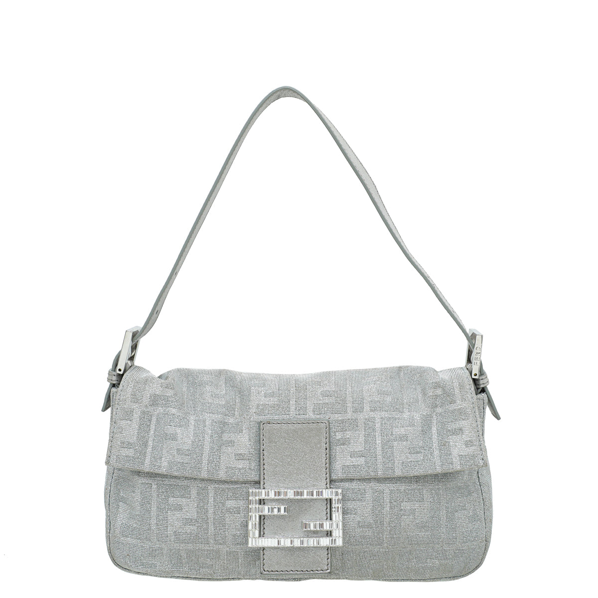 Fendi Silver Metallic Zucca Crystal Baguette Small Bag