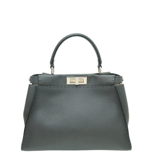 Fendi Dark Grey Peekaboo Selleria Regular Bag W/ Floral Strap