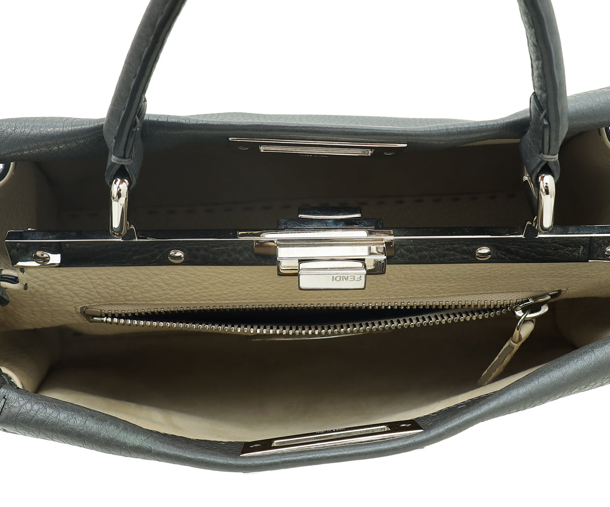 Fendi Dark Grey Peekaboo Selleria Regular Bag W/ Floral Strap