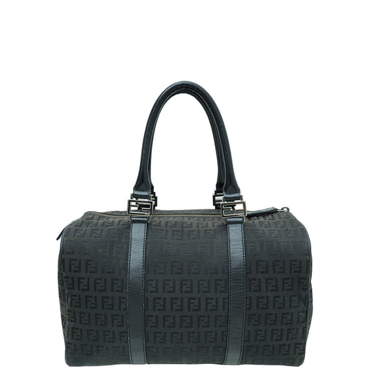 Fendi Black Zucchino Bauletto Boston Medium Bag