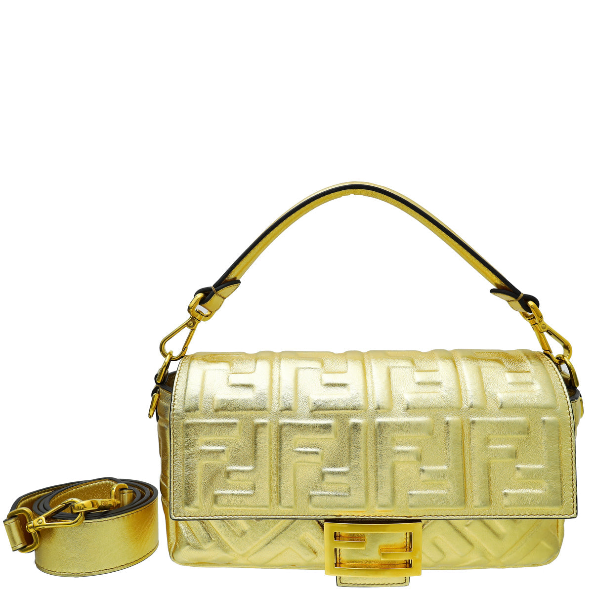 Fendi Gold FF Embossed Baguette Medium Bag