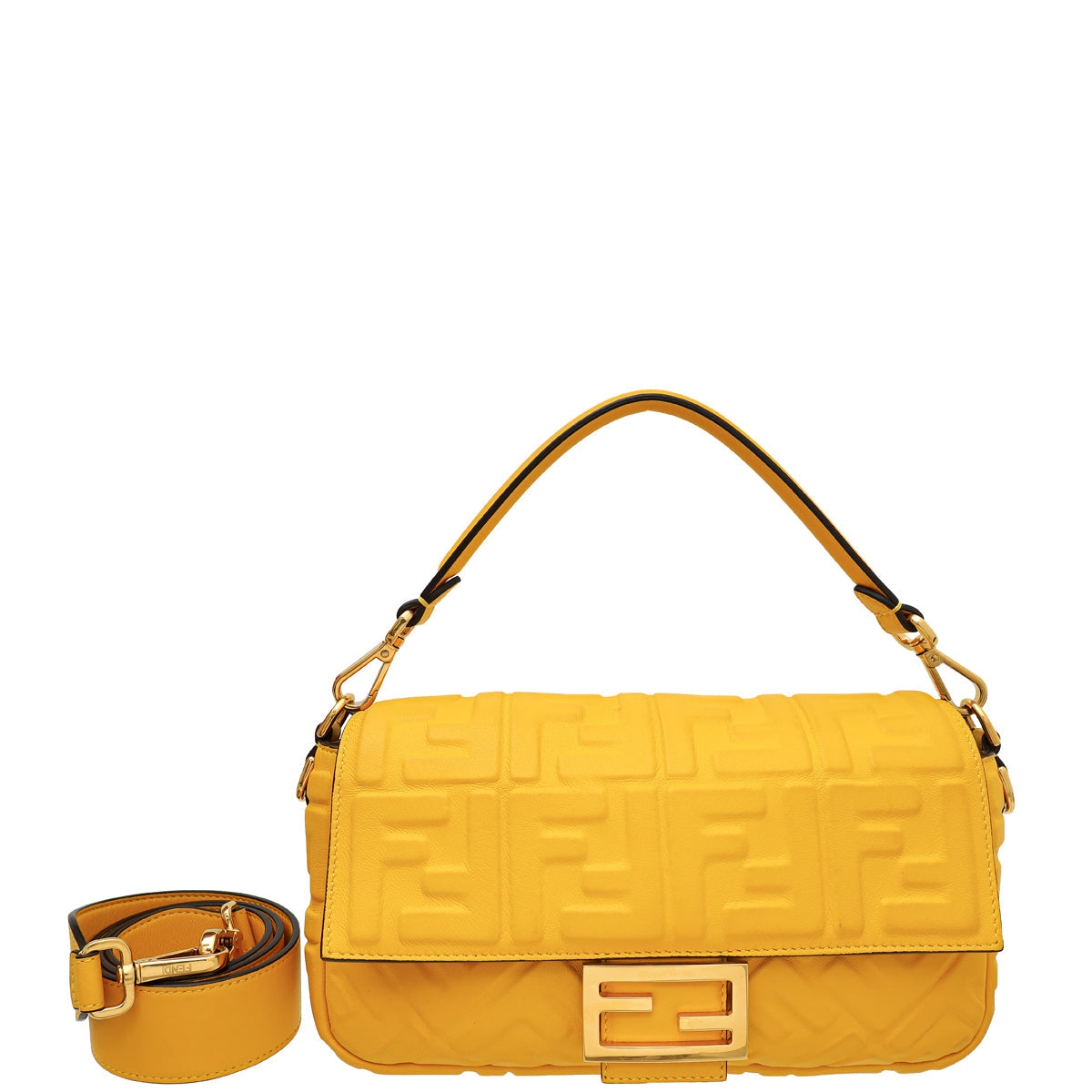 Fendi Yellow FF Embossed Baguette Medium Bag