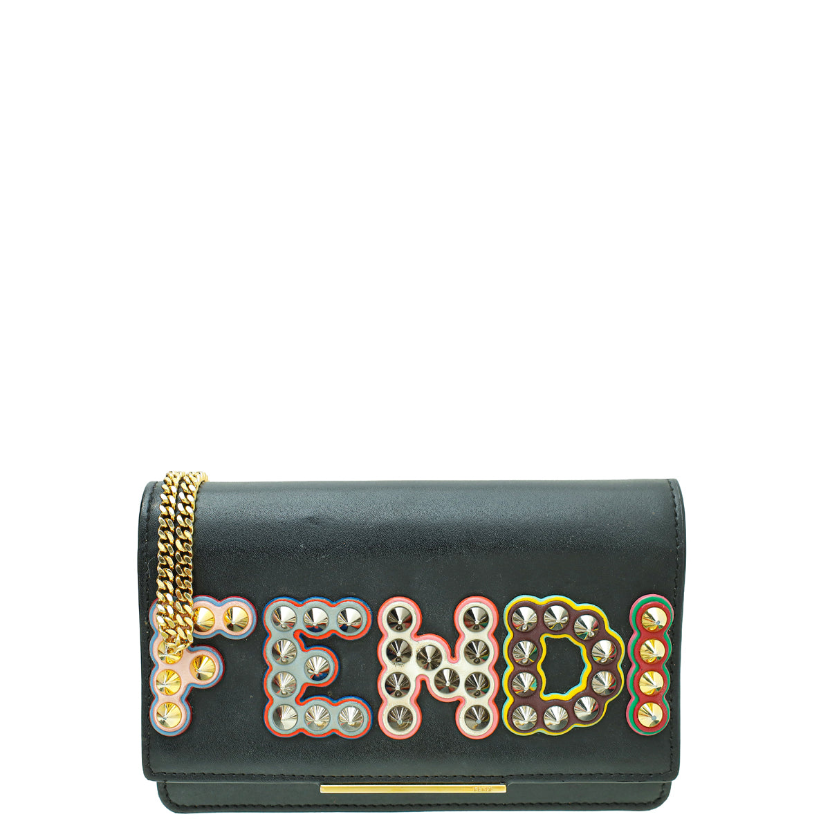 Fendi Black Fun Fair Metal Studded Tube Wallet on Chain