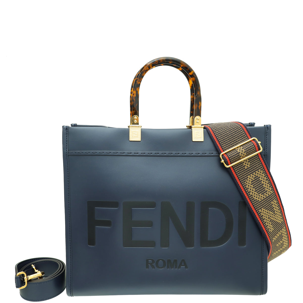 Fendi Navy Blue Sunshine “FENDI ROMA” Shopper Medium Bag W/ Strap You