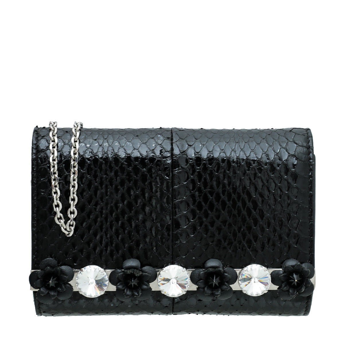 Fendi Black Snakeskin Crystal Flowerland Studded Mini Rush Clutch