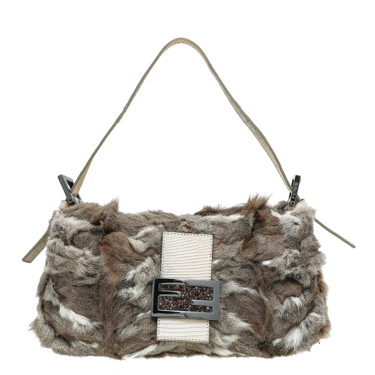 Fendi Brown Rabbit Fur Crystal Baguette Bag