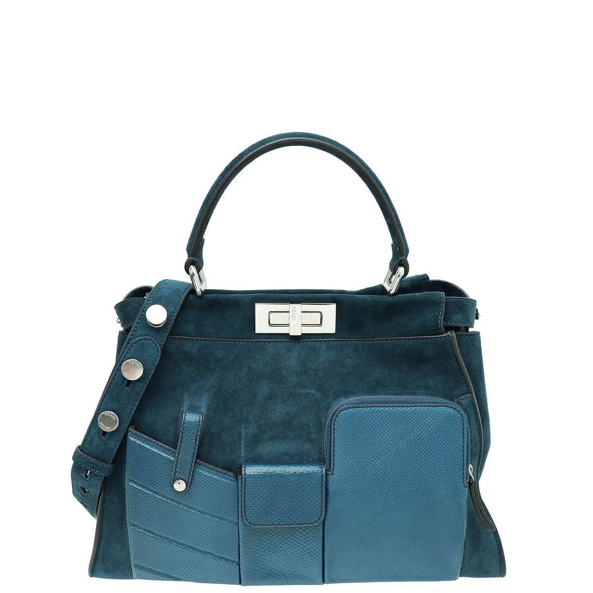 Fendi Teal 3 Pocket Peekaboo Suede Iconic Satchel Medium Bag