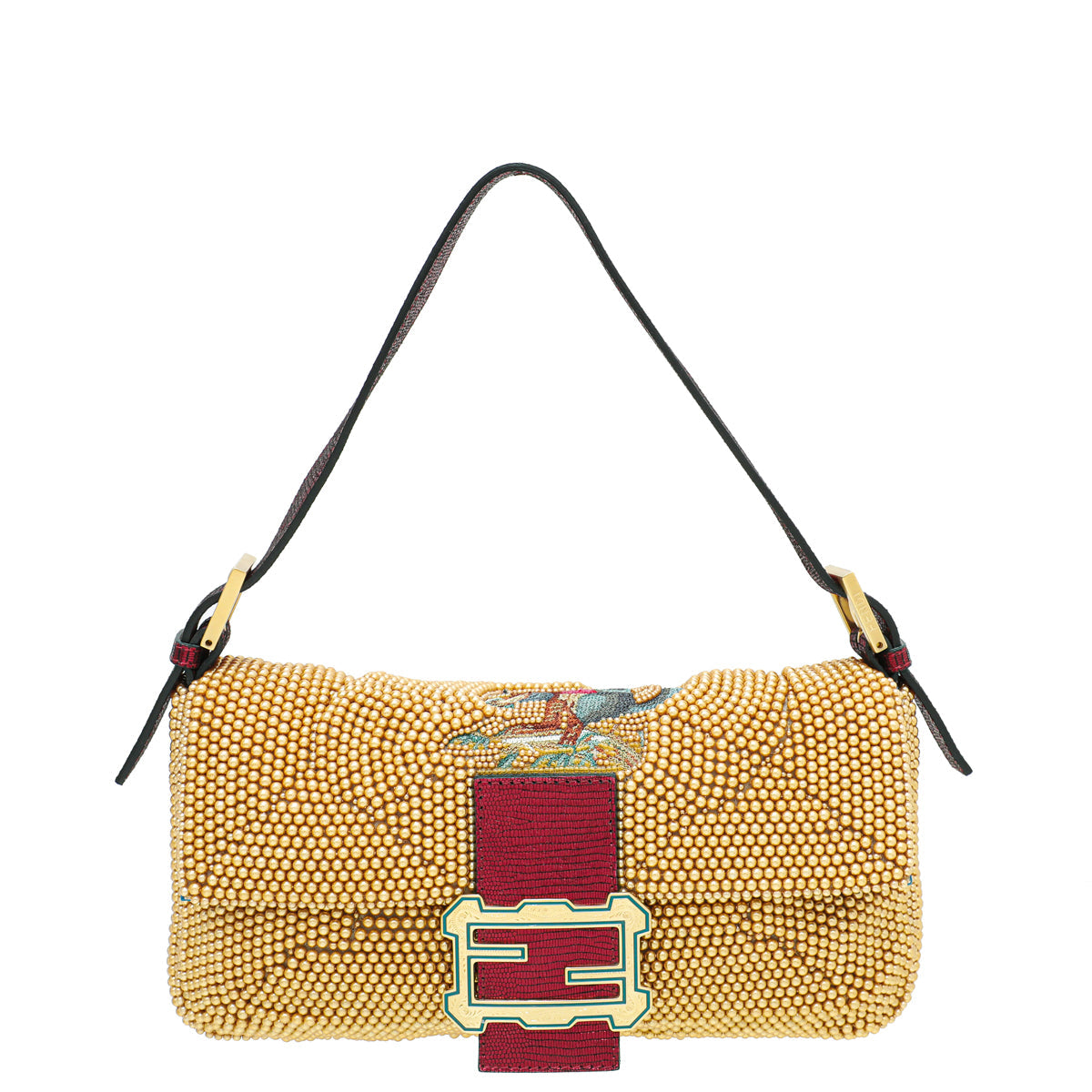 Fendi Yellow Gold Beaded Embroidered Baguette Bag