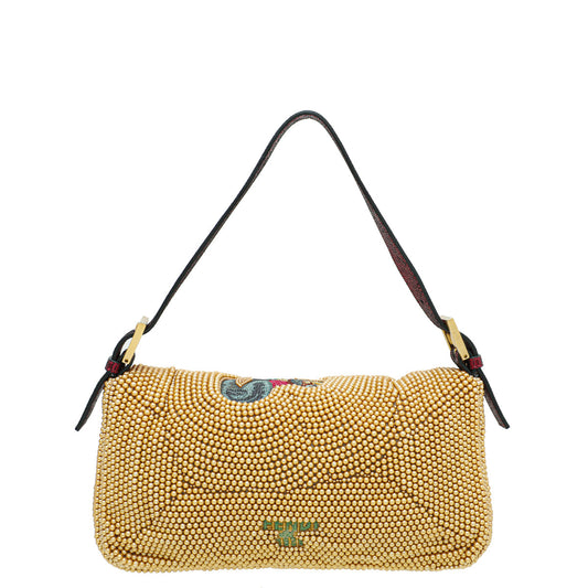 Fendi Yellow Gold Beaded Embroidered Baguette Bag