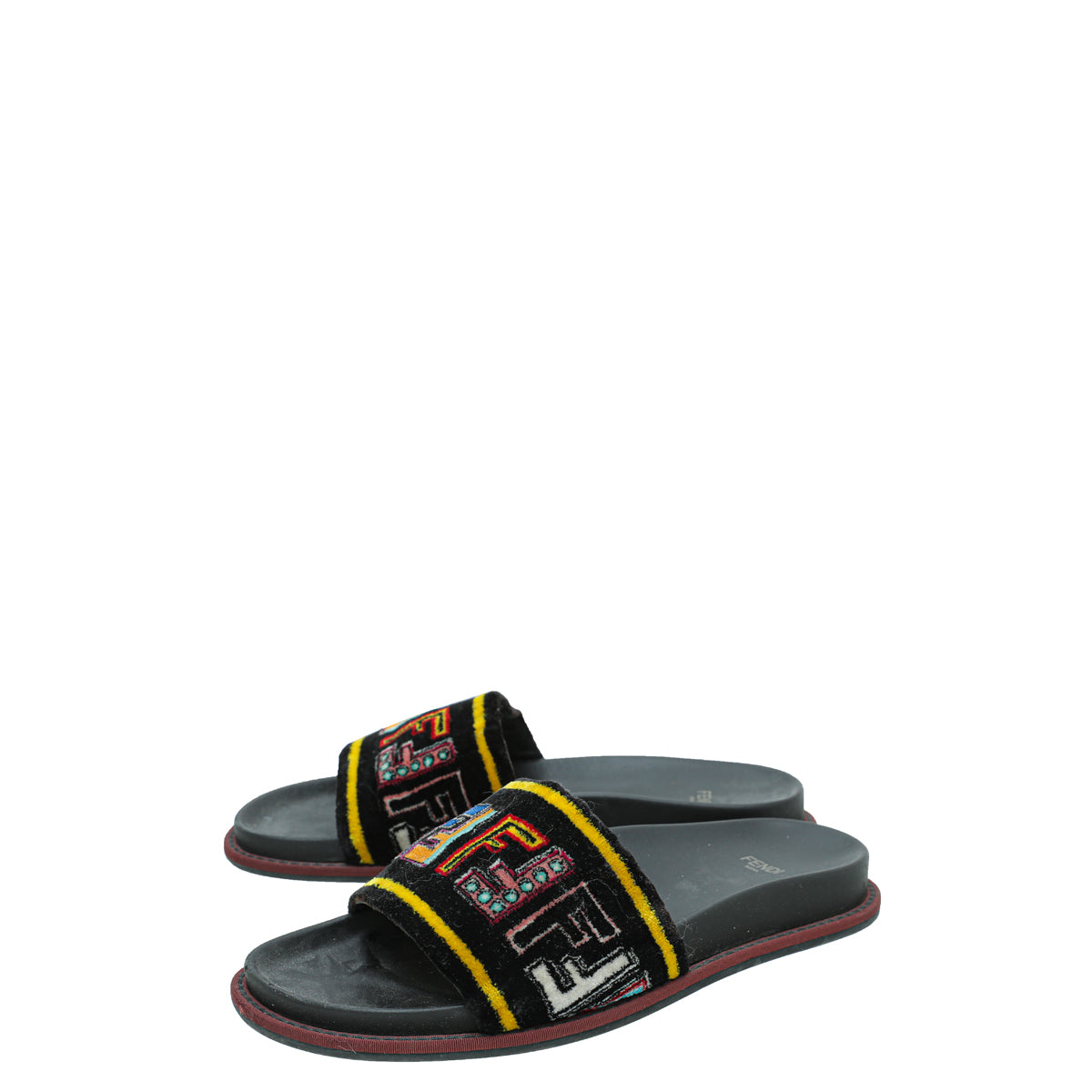 Fendi Black Multicolor FF Velvet Slide Sandal 39