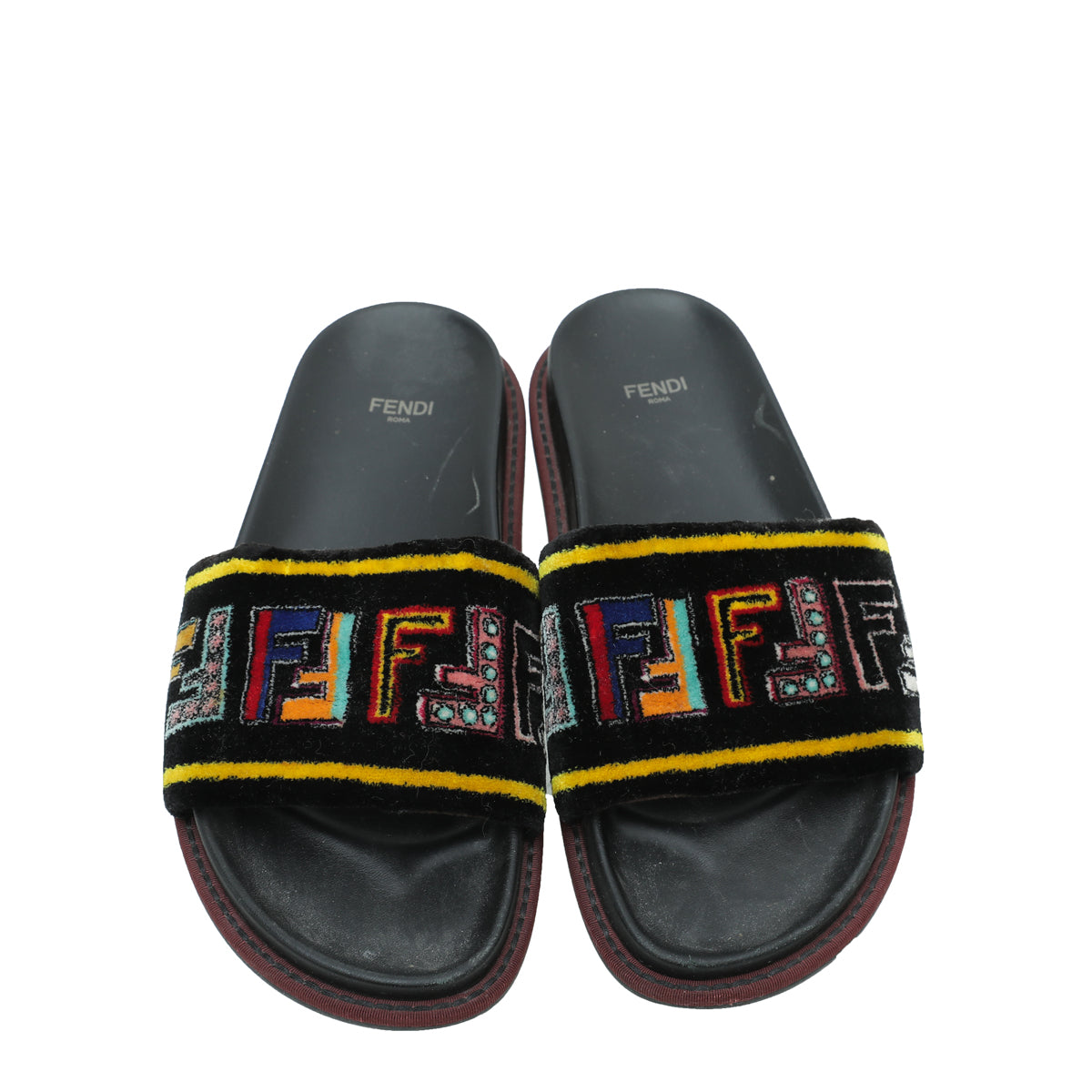 Fendi Black Multicolor FF Velvet Slide Sandal 39