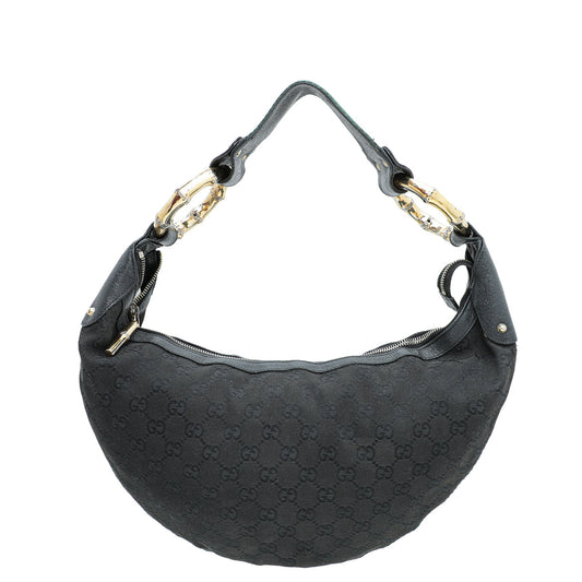 Gucci Black GG Web Bamboo Ring Hobo Bag