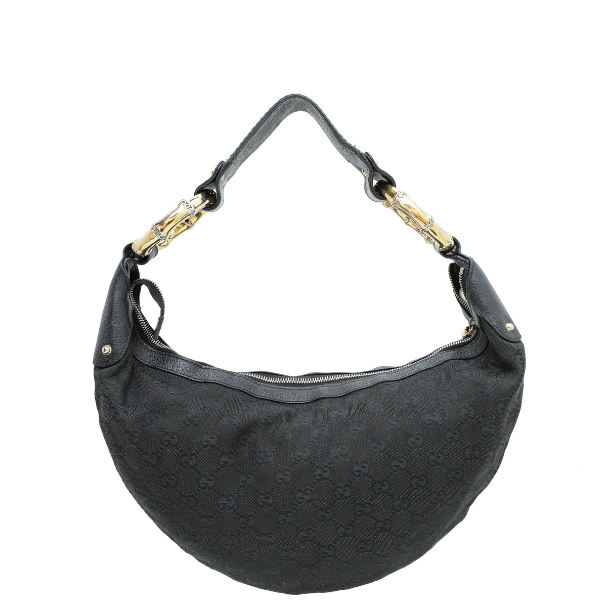 Gucci Black GG Web Bamboo Ring Hobo Bag