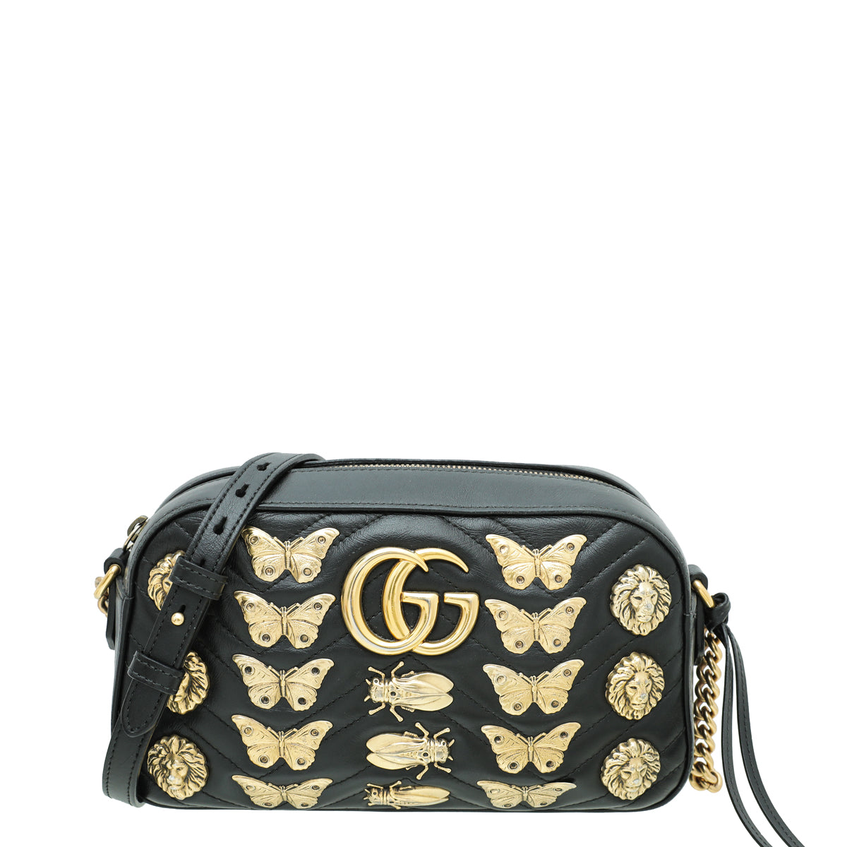 Gucci Black GG Marmont Animal Studs Small Shoulder Bag