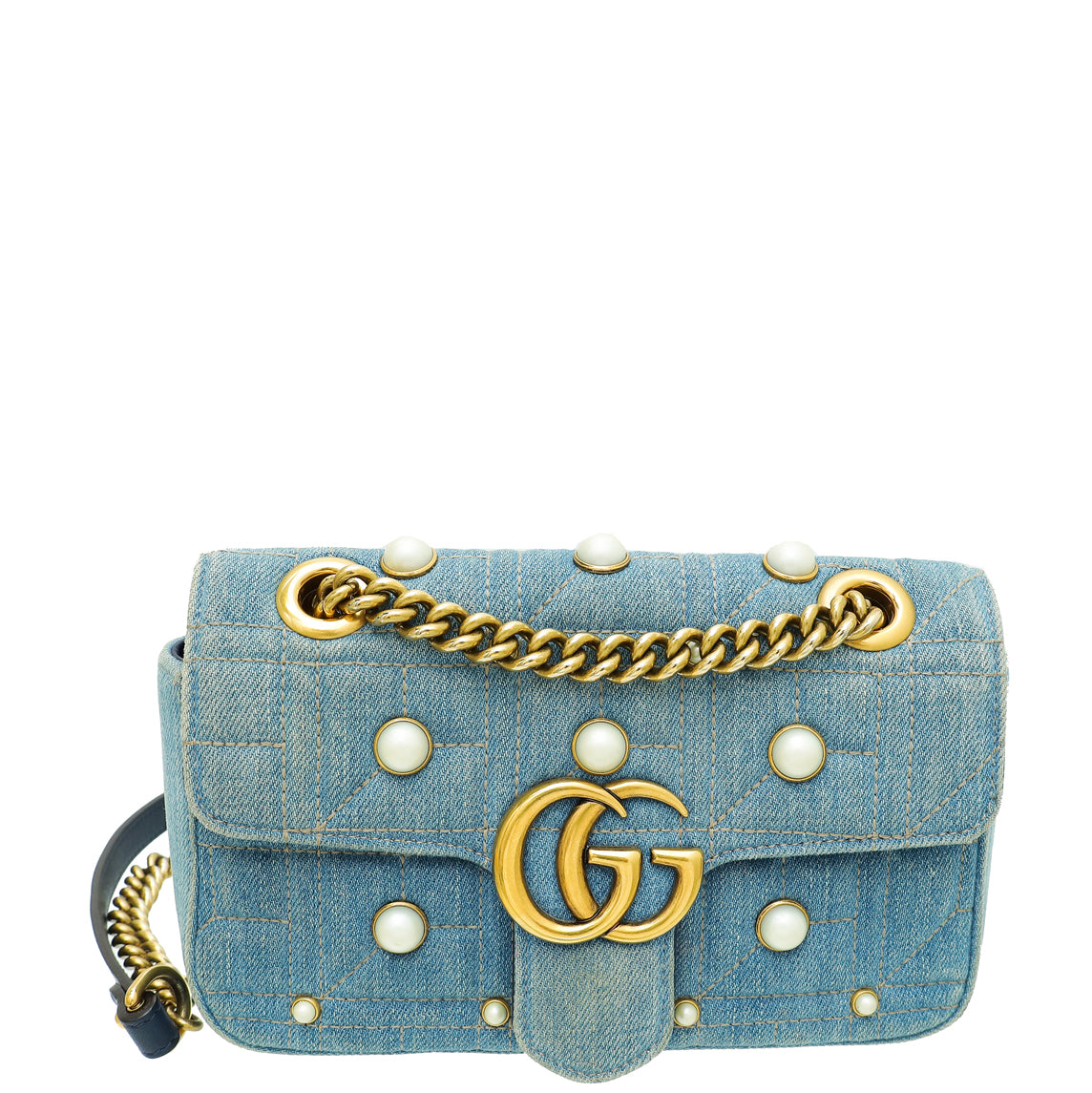 Gucci  Blue Aged Studded Pearl Denim GG Marmont Mini Bag