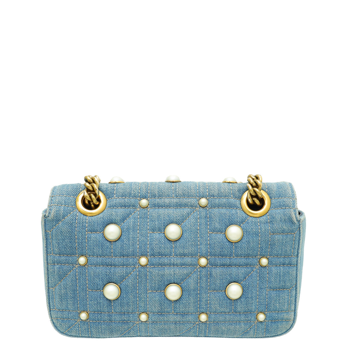 Gucci  Blue Aged Studded Pearl Denim GG Marmont Mini Bag