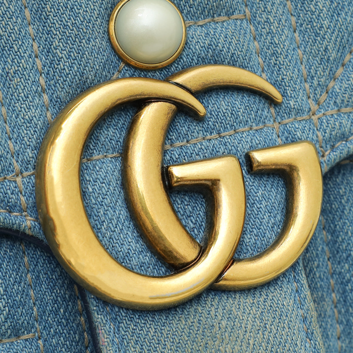 Gucci  Blue Aged Studded Pearl Denim GG Marmont Mini Bag