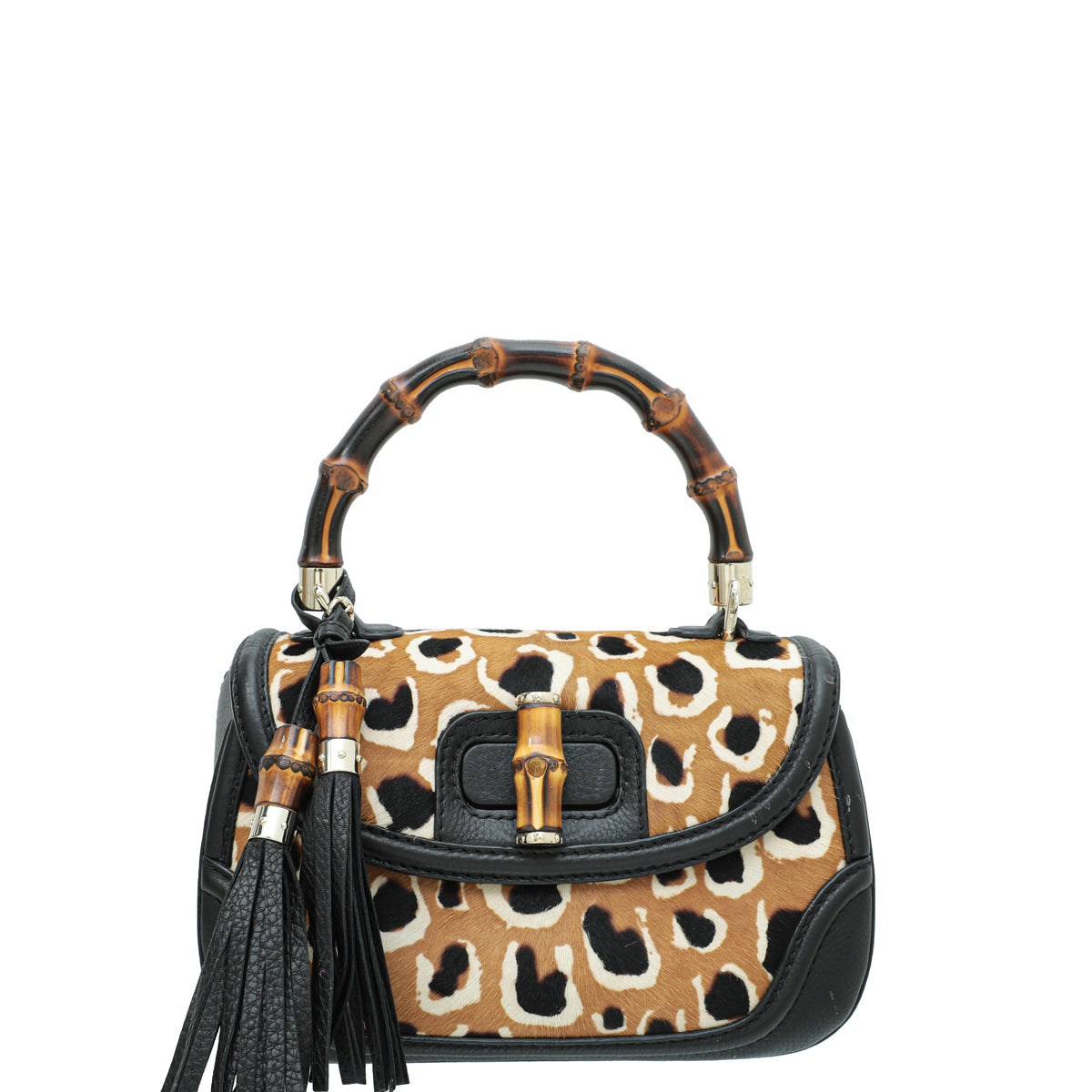 Gucci Bicolor Calf Hair Leopard Print New Bamboo Top Handle Medium Bag